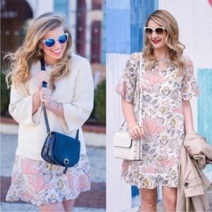 LOFT Shimmer Flounce Floral Dress XS Ruffle Hem Flowers Flutter Sleeve Keyhole